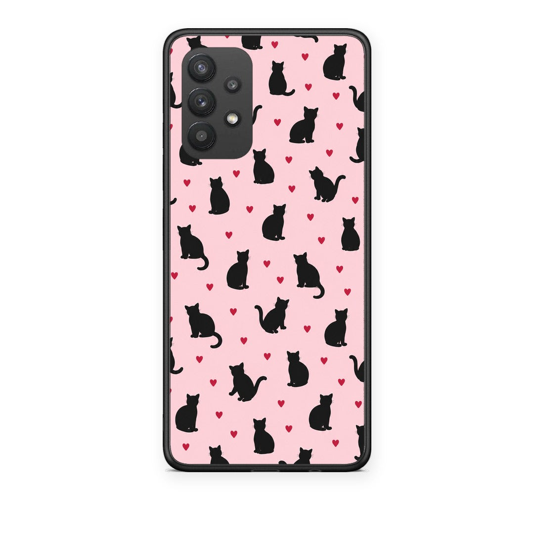 Θήκη Samsung Galaxy A32 4G Black Cat Silhouettes and Hearts on Pink από τη Smartfits με σχέδιο στο πίσω μέρος και μαύρο περίβλημα | Samsung Galaxy A32 4G Black Cat Silhouettes and Hearts on Pink case with colorful back and black bezels