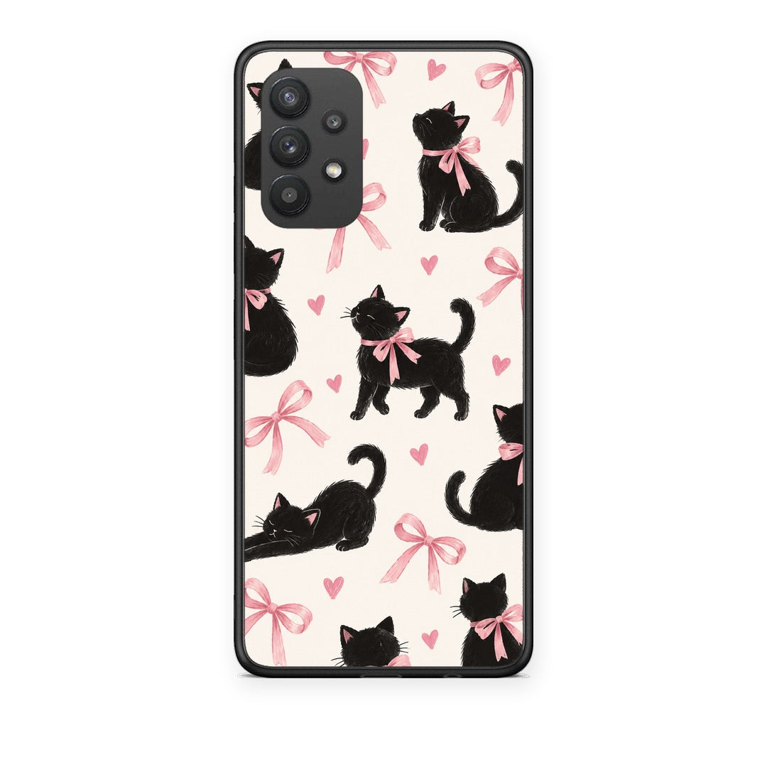 Θήκη Samsung Galaxy A32 4G Black Kittens and Pink Bows on Cream Large από τη Smartfits με σχέδιο στο πίσω μέρος και μαύρο περίβλημα | Samsung Galaxy A32 4G Black Kittens and Pink Bows on Cream Large case with colorful back and black bezels