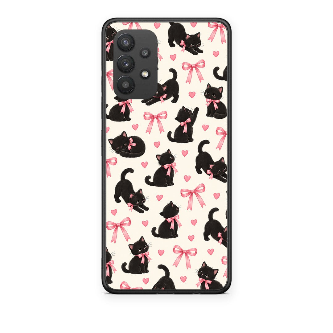 Θήκη Samsung Galaxy A32 4G Black Kittens and Pink Bows on Cream Small από τη Smartfits με σχέδιο στο πίσω μέρος και μαύρο περίβλημα | Samsung Galaxy A32 4G Black Kittens and Pink Bows on Cream Small case with colorful back and black bezels