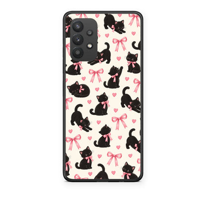 Θήκη Samsung Galaxy A32 4G Black Kittens and Pink Bows on Cream Small από τη Smartfits με σχέδιο στο πίσω μέρος και μαύρο περίβλημα | Samsung Galaxy A32 4G Black Kittens and Pink Bows on Cream Small case with colorful back and black bezels