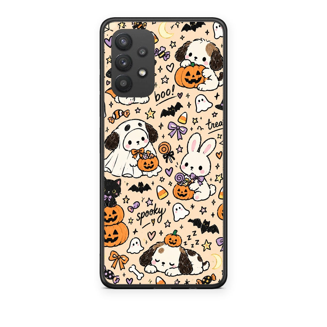 Θήκη Samsung Galaxy A32 4G Halloween Puppies and Friends on Cream από τη Smartfits με σχέδιο στο πίσω μέρος και μαύρο περίβλημα | Samsung Galaxy A32 4G Halloween Puppies and Friends on Cream case with colorful back and black bezels