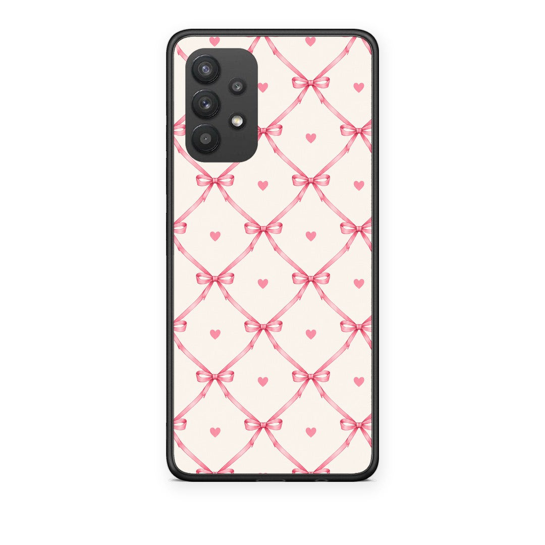 Θήκη Samsung Galaxy A32 4G Pink Bow Lattice and Hearts on Cream από τη Smartfits με σχέδιο στο πίσω μέρος και μαύρο περίβλημα | Samsung Galaxy A32 4G Pink Bow Lattice and Hearts on Cream case with colorful back and black bezels