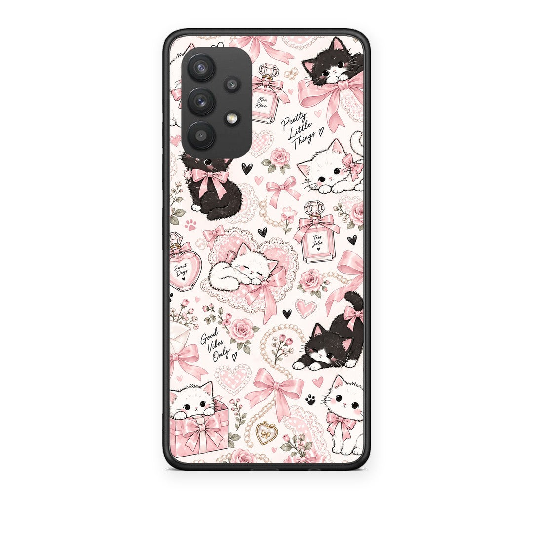 Θήκη Samsung Galaxy A32 4G Pink Bows and Kittens Collage από τη Smartfits με σχέδιο στο πίσω μέρος και μαύρο περίβλημα | Samsung Galaxy A32 4G Pink Bows and Kittens Collage case with colorful back and black bezels