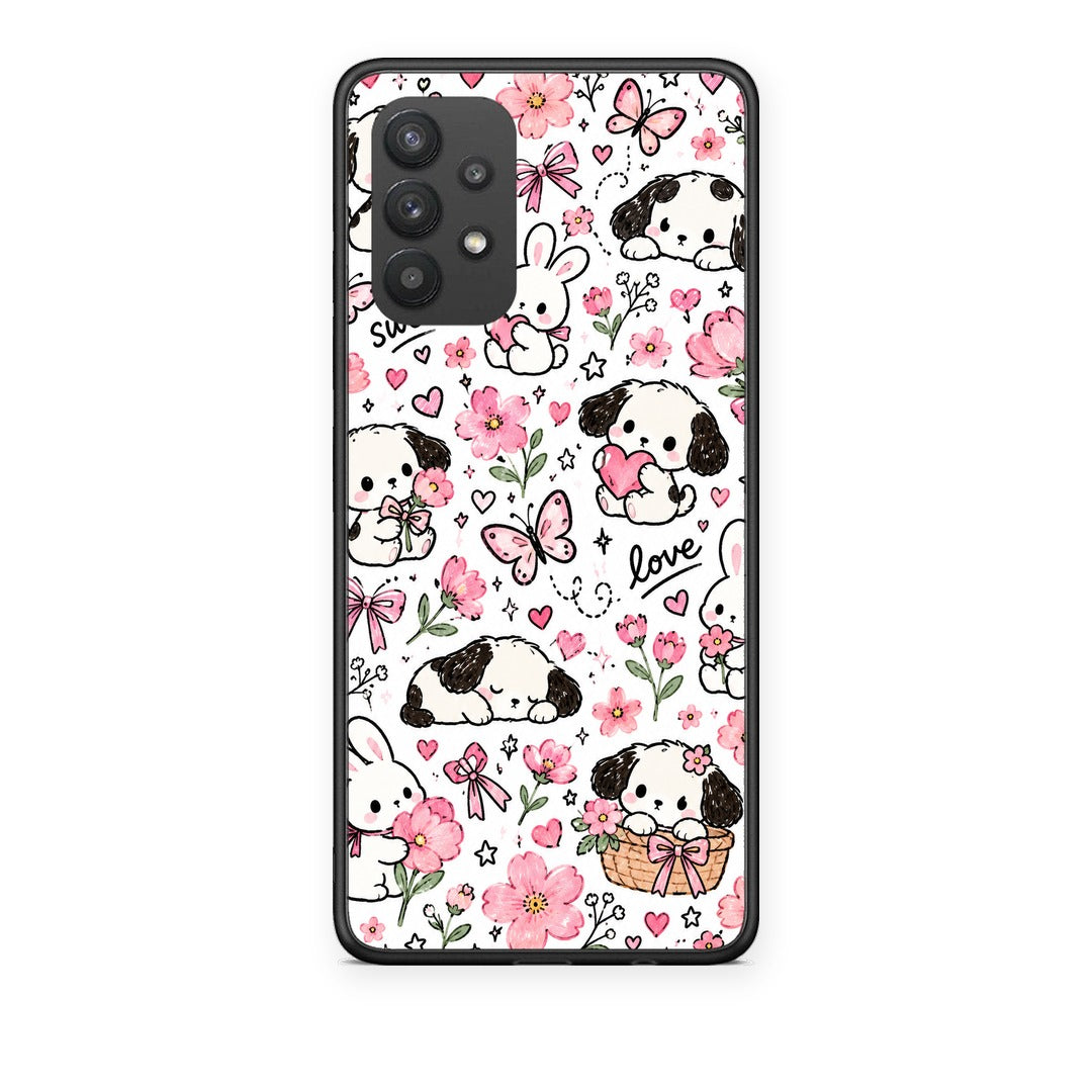 Θήκη Samsung Galaxy A32 4G Pink Florals Puppies and Bunnies on White από τη Smartfits με σχέδιο στο πίσω μέρος και μαύρο περίβλημα | Samsung Galaxy A32 4G Pink Florals Puppies and Bunnies on White case with colorful back and black bezels