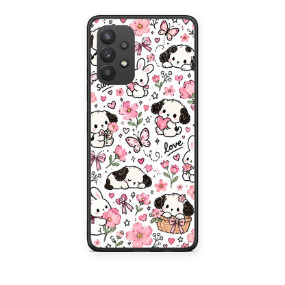 Θήκη Samsung Galaxy A32 4G Pink Florals Puppies and Bunnies on White από τη Smartfits με σχέδιο στο πίσω μέρος και μαύρο περίβλημα | Samsung Galaxy A32 4G Pink Florals Puppies and Bunnies on White case with colorful back and black bezels