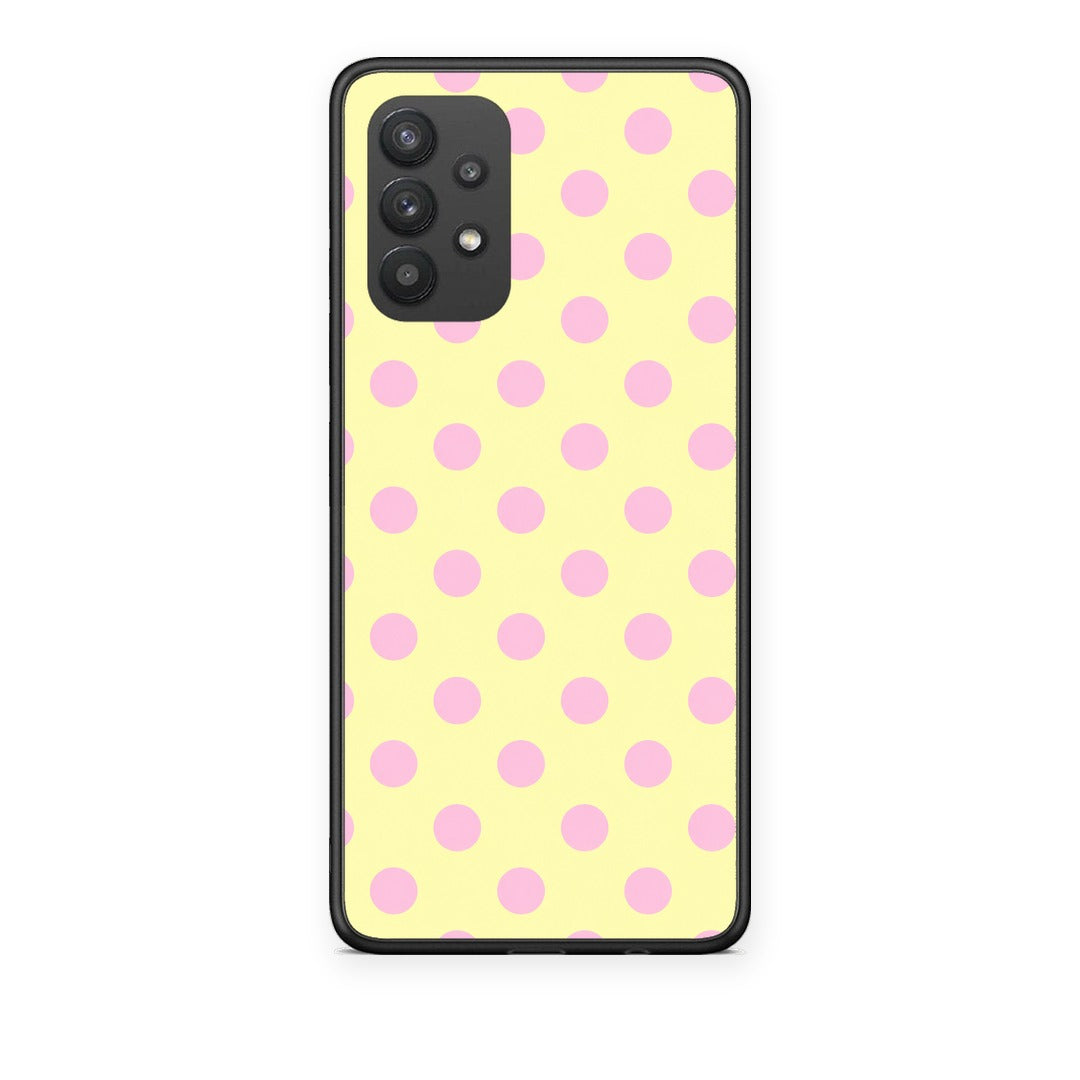 Θήκη Samsung Galaxy A32 4G Pink Polka Dots on Yellow από τη Smartfits με σχέδιο στο πίσω μέρος και μαύρο περίβλημα | Samsung Galaxy A32 4G Pink Polka Dots on Yellow case with colorful back and black bezels