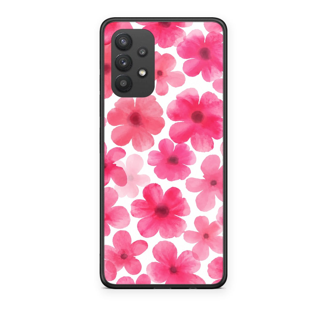 Θήκη Samsung Galaxy A32 4G Pink Watercolour Flowers on White από τη Smartfits με σχέδιο στο πίσω μέρος και μαύρο περίβλημα | Samsung Galaxy A32 4G Pink Watercolour Flowers on White case with colorful back and black bezels