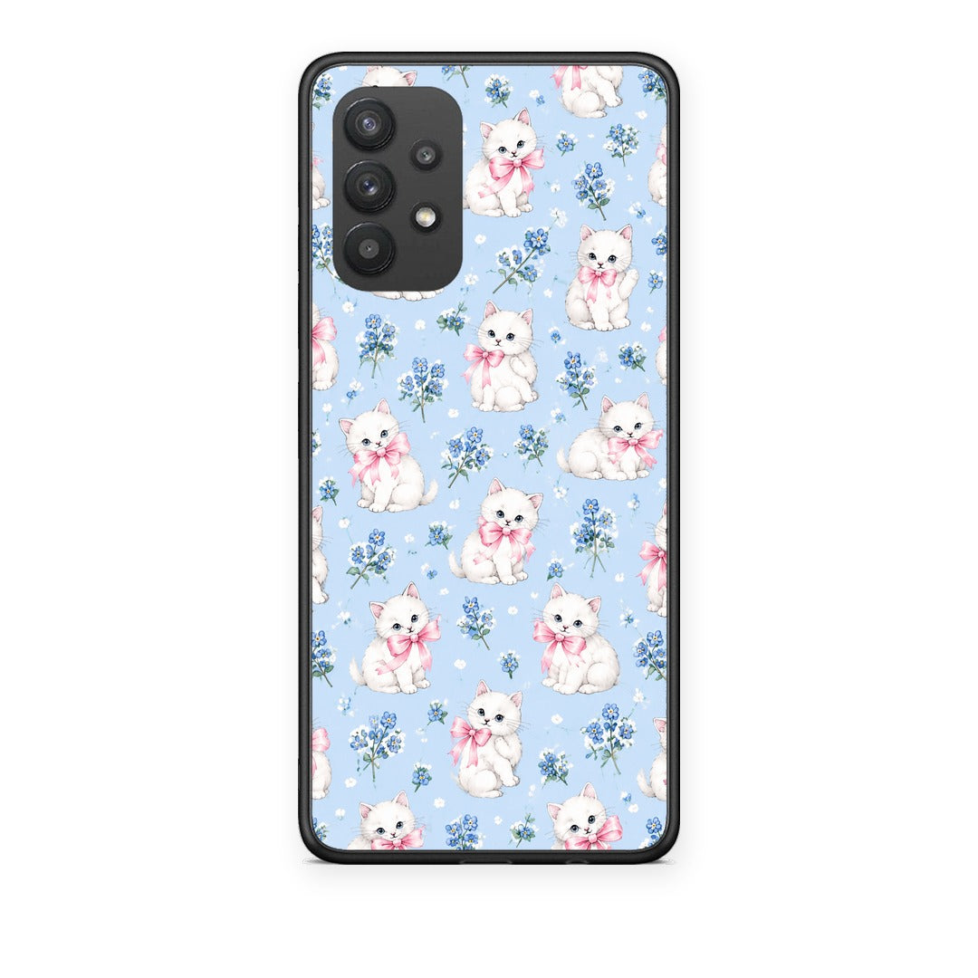 Θήκη Samsung Galaxy A32 4G White Kittens and Blue Flowers Small από τη Smartfits με σχέδιο στο πίσω μέρος και μαύρο περίβλημα | Samsung Galaxy A32 4G White Kittens and Blue Flowers Small case with colorful back and black bezels