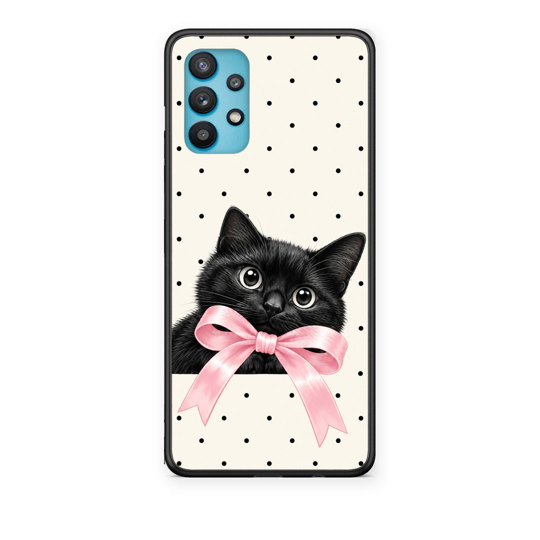 Θήκη Samsung Galaxy A32 5G Black Kitten Pink Bow and Polka Dots από τη Smartfits με σχέδιο στο πίσω μέρος και μαύρο περίβλημα | Samsung Galaxy A32 5G Black Kitten Pink Bow and Polka Dots case with colorful back and black bezels