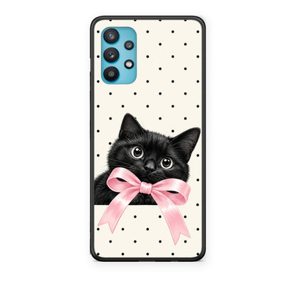Θήκη Samsung Galaxy A32 5G Black Kitten Pink Bow and Polka Dots από τη Smartfits με σχέδιο στο πίσω μέρος και μαύρο περίβλημα | Samsung Galaxy A32 5G Black Kitten Pink Bow and Polka Dots case with colorful back and black bezels