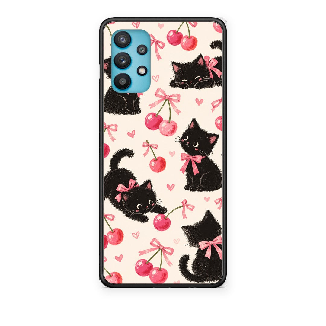 Θήκη Samsung Galaxy A32 5G Black Kittens and Cherries on Cream από τη Smartfits με σχέδιο στο πίσω μέρος και μαύρο περίβλημα | Samsung Galaxy A32 5G Black Kittens and Cherries on Cream case with colorful back and black bezels