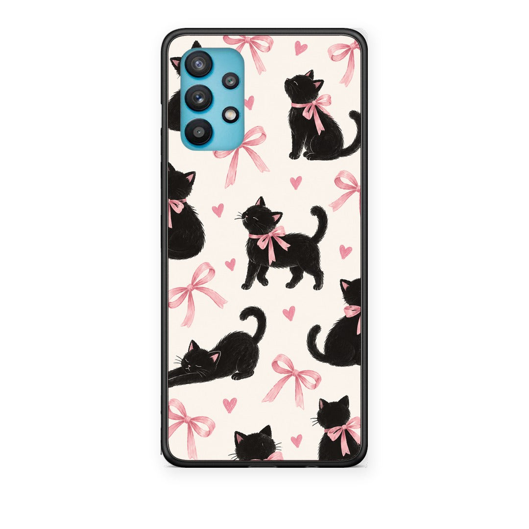 Θήκη Samsung Galaxy A32 5G Black Kittens and Pink Bows on Cream Large από τη Smartfits με σχέδιο στο πίσω μέρος και μαύρο περίβλημα | Samsung Galaxy A32 5G Black Kittens and Pink Bows on Cream Large case with colorful back and black bezels
