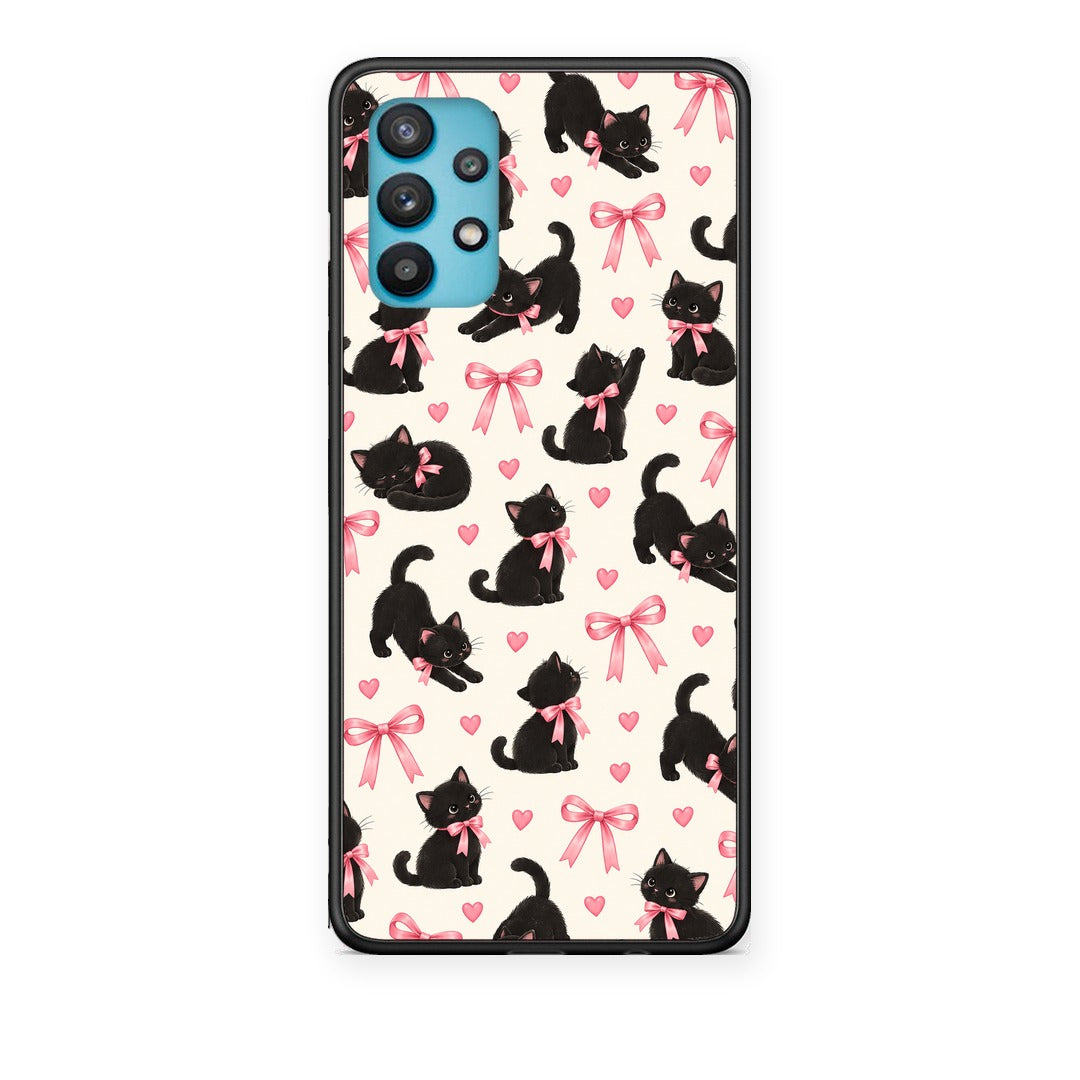 Θήκη Samsung Galaxy A32 5G Black Kittens and Pink Bows on Cream Small από τη Smartfits με σχέδιο στο πίσω μέρος και μαύρο περίβλημα | Samsung Galaxy A32 5G Black Kittens and Pink Bows on Cream Small case with colorful back and black bezels