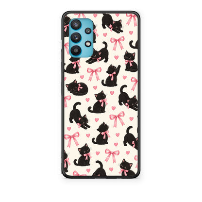 Θήκη Samsung Galaxy A32 5G Black Kittens and Pink Bows on Cream Small από τη Smartfits με σχέδιο στο πίσω μέρος και μαύρο περίβλημα | Samsung Galaxy A32 5G Black Kittens and Pink Bows on Cream Small case with colorful back and black bezels
