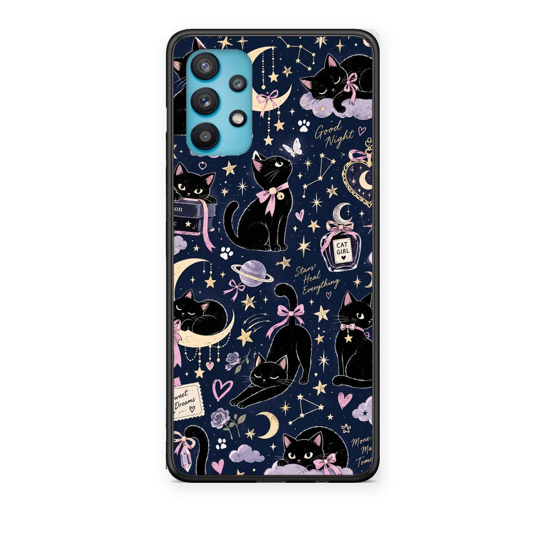 Θήκη Samsung Galaxy A32 5G Celestial Black Cats on Navy από τη Smartfits με σχέδιο στο πίσω μέρος και μαύρο περίβλημα | Samsung Galaxy A32 5G Celestial Black Cats on Navy case with colorful back and black bezels