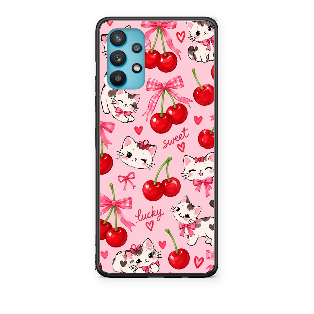 Θήκη Samsung Galaxy A32 5G Cherries Bows and Kittens on Pink από τη Smartfits με σχέδιο στο πίσω μέρος και μαύρο περίβλημα | Samsung Galaxy A32 5G Cherries Bows and Kittens on Pink case with colorful back and black bezels