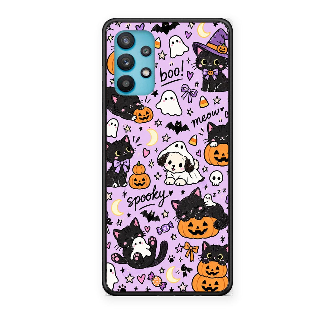 Θήκη Samsung Galaxy A32 5G Halloween Black Cats on Lilac από τη Smartfits με σχέδιο στο πίσω μέρος και μαύρο περίβλημα | Samsung Galaxy A32 5G Halloween Black Cats on Lilac case with colorful back and black bezels