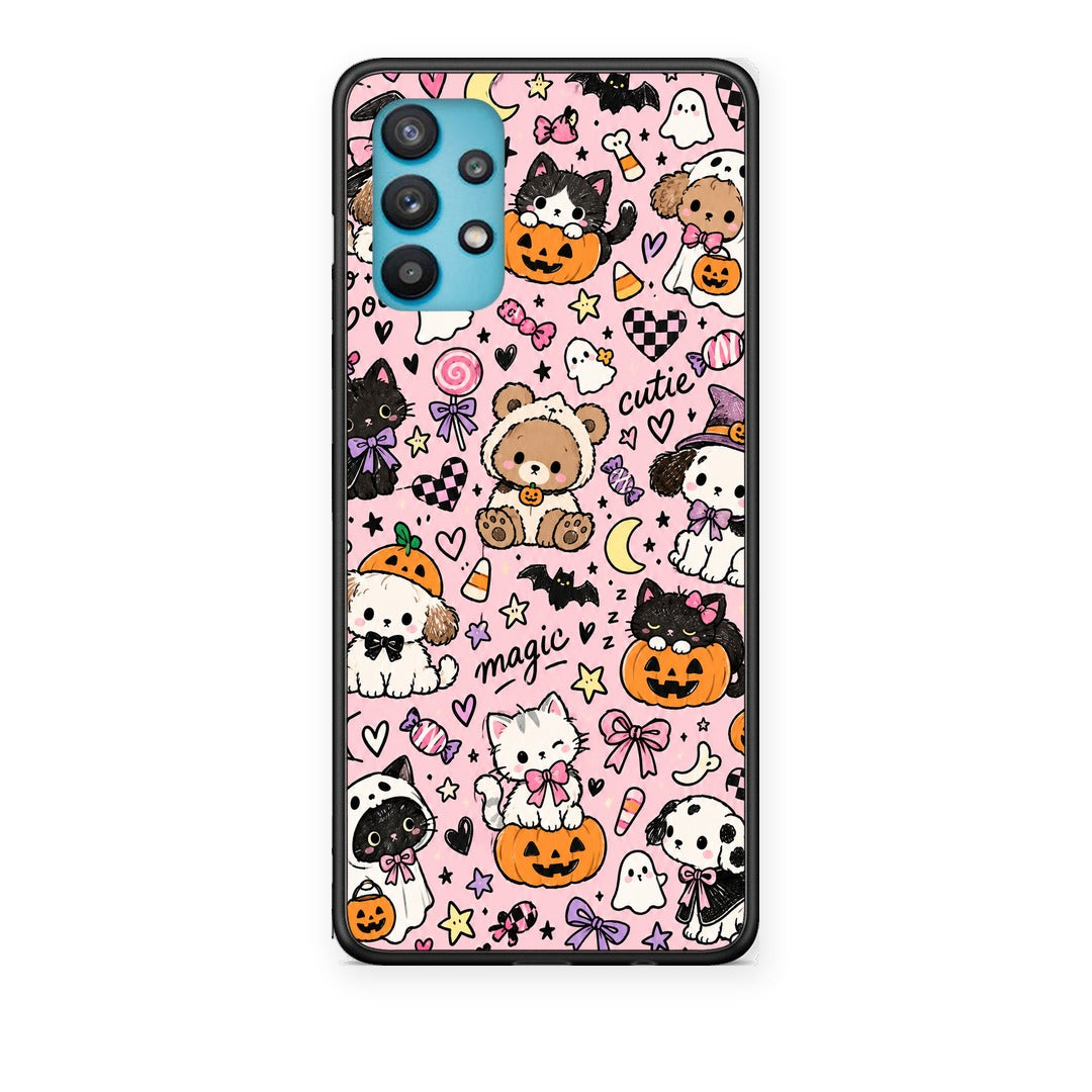 Θήκη Samsung Galaxy A32 5G Halloween Cute Animals on Pink από τη Smartfits με σχέδιο στο πίσω μέρος και μαύρο περίβλημα | Samsung Galaxy A32 5G Halloween Cute Animals on Pink case with colorful back and black bezels
