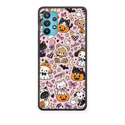 Θήκη Samsung Galaxy A32 5G Halloween Cute Animals on Pink από τη Smartfits με σχέδιο στο πίσω μέρος και μαύρο περίβλημα | Samsung Galaxy A32 5G Halloween Cute Animals on Pink case with colorful back and black bezels