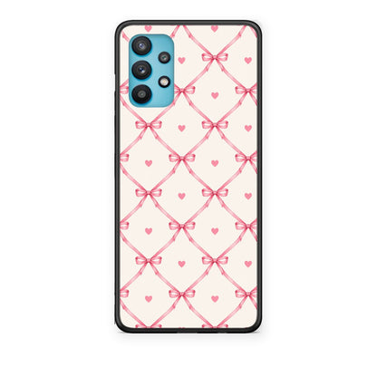 Θήκη Samsung Galaxy A32 5G Pink Bow Lattice and Hearts on Cream από τη Smartfits με σχέδιο στο πίσω μέρος και μαύρο περίβλημα | Samsung Galaxy A32 5G Pink Bow Lattice and Hearts on Cream case with colorful back and black bezels