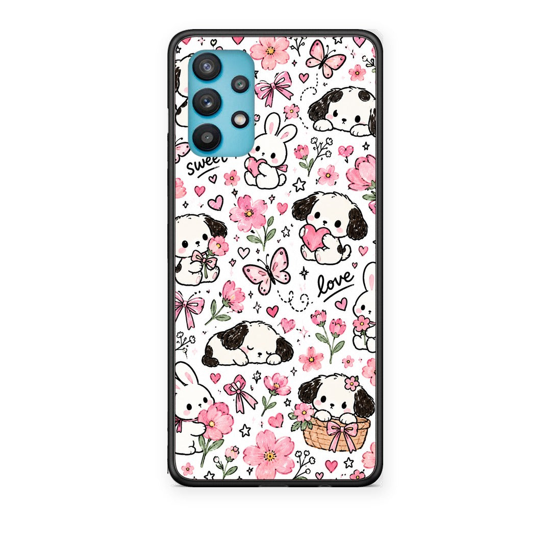 Θήκη Samsung Galaxy A32 5G Pink Florals Puppies and Bunnies on White από τη Smartfits με σχέδιο στο πίσω μέρος και μαύρο περίβλημα | Samsung Galaxy A32 5G Pink Florals Puppies and Bunnies on White case with colorful back and black bezels