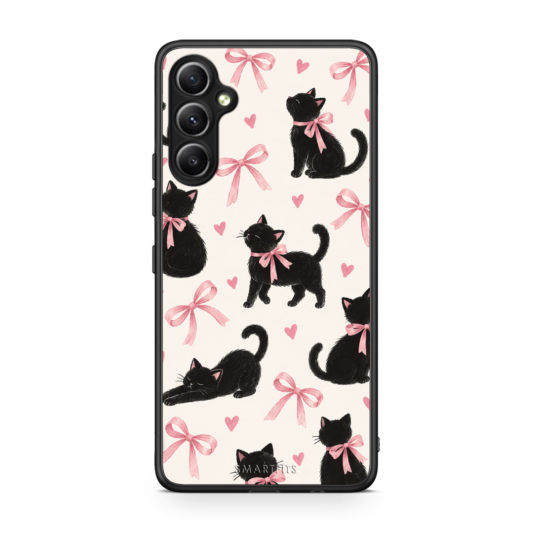 Θήκη Samsung Galaxy A34 Black Kittens and Pink Bows on Cream Large από τη Smartfits με σχέδιο στο πίσω μέρος και μαύρο περίβλημα | Samsung Galaxy A34 Black Kittens and Pink Bows on Cream Large case with colorful back and black bezels