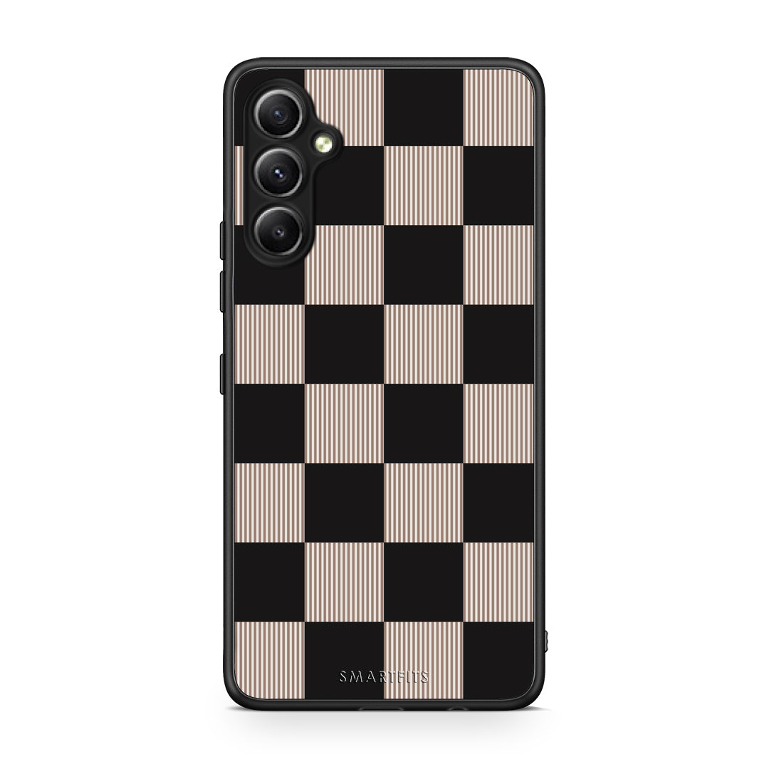Θήκη Samsung Galaxy A34 Black and Taupe Striped Checks από τη Smartfits με σχέδιο στο πίσω μέρος και μαύρο περίβλημα | Samsung Galaxy A34 Black and Taupe Striped Checks case with colorful back and black bezels