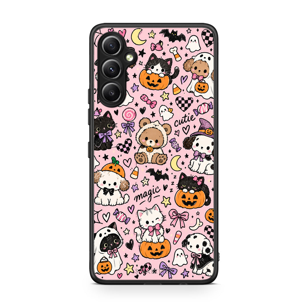 Θήκη Samsung Galaxy A34 Halloween Cute Animals on Pink από τη Smartfits με σχέδιο στο πίσω μέρος και μαύρο περίβλημα | Samsung Galaxy A34 Halloween Cute Animals on Pink case with colorful back and black bezels