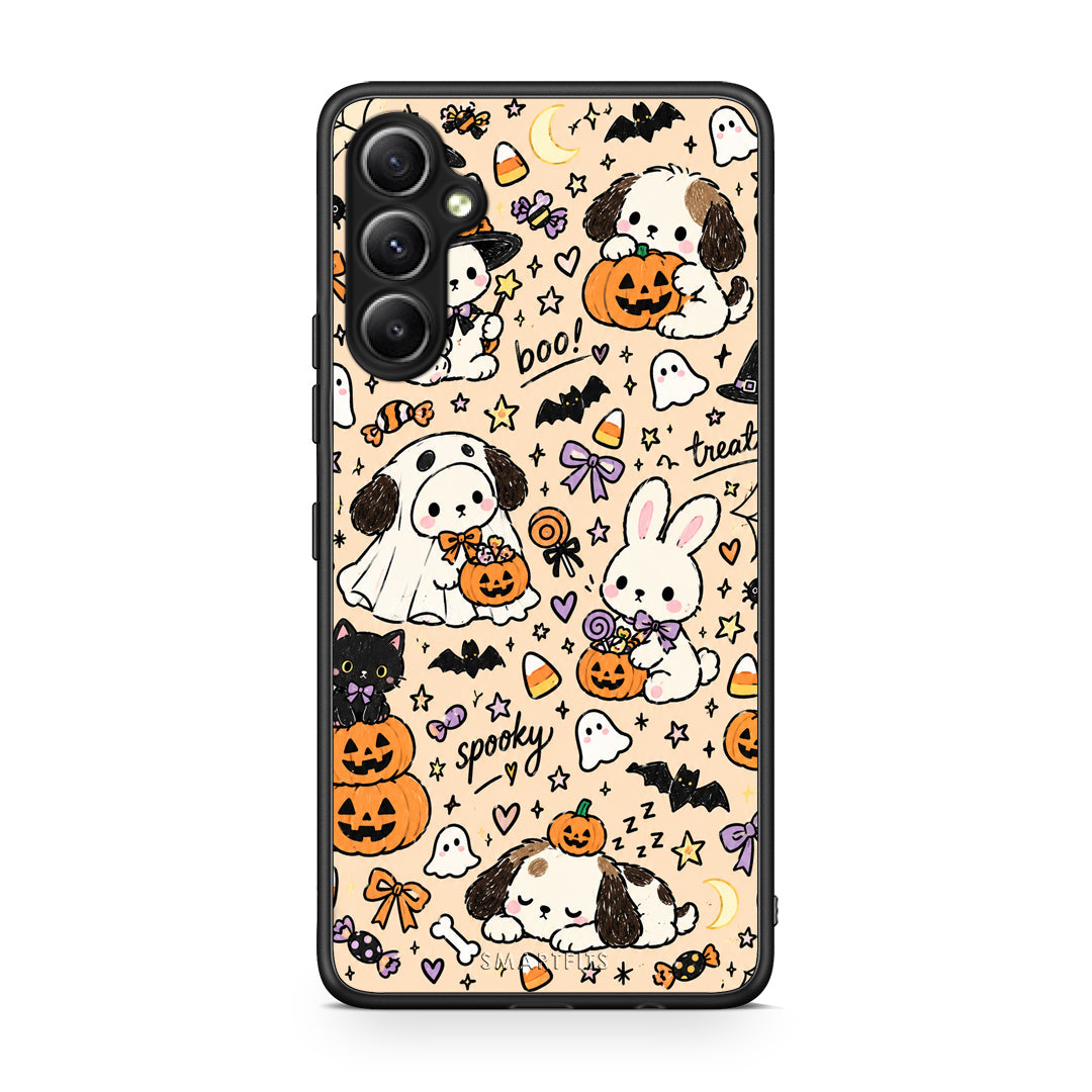 Θήκη Samsung Galaxy A34 Halloween Puppies and Friends on Cream από τη Smartfits με σχέδιο στο πίσω μέρος και μαύρο περίβλημα | Samsung Galaxy A34 Halloween Puppies and Friends on Cream case with colorful back and black bezels