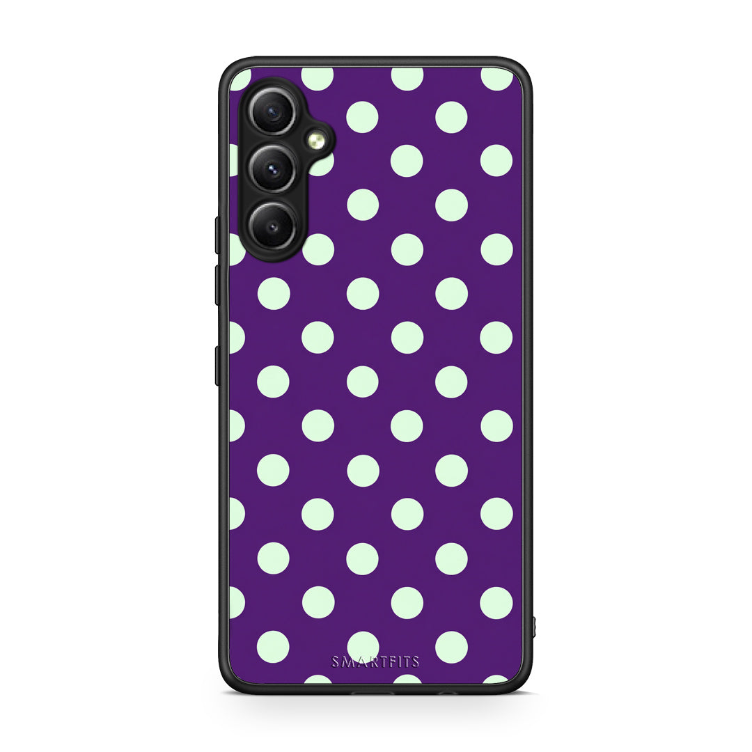 Θήκη Samsung Galaxy A34 Mint Polka Dots on Purple από τη Smartfits με σχέδιο στο πίσω μέρος και μαύρο περίβλημα | Samsung Galaxy A34 Mint Polka Dots on Purple case with colorful back and black bezels