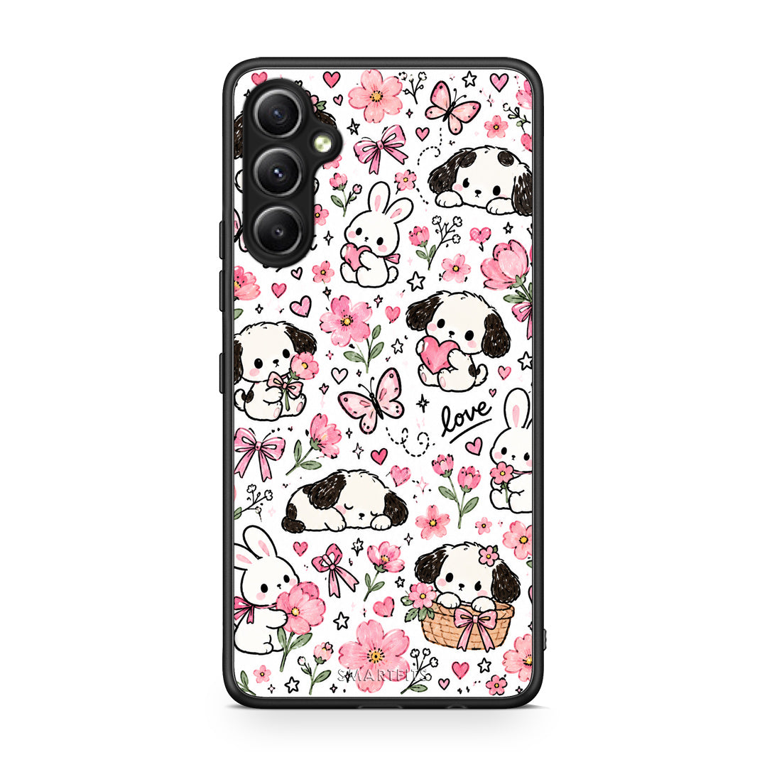 Θήκη Samsung Galaxy A34 Pink Florals Puppies and Bunnies on White από τη Smartfits με σχέδιο στο πίσω μέρος και μαύρο περίβλημα | Samsung Galaxy A34 Pink Florals Puppies and Bunnies on White case with colorful back and black bezels