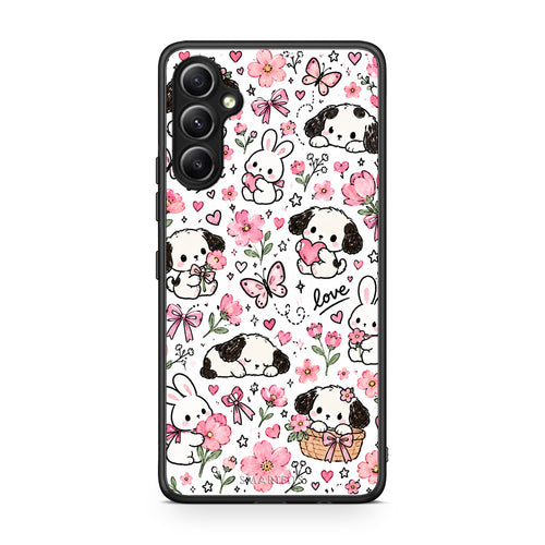Θήκη Samsung Galaxy A34 Pink Florals Puppies and Bunnies on White από τη Smartfits με σχέδιο στο πίσω μέρος και μαύρο περίβλημα | Samsung Galaxy A34 Pink Florals Puppies and Bunnies on White case with colorful back and black bezels