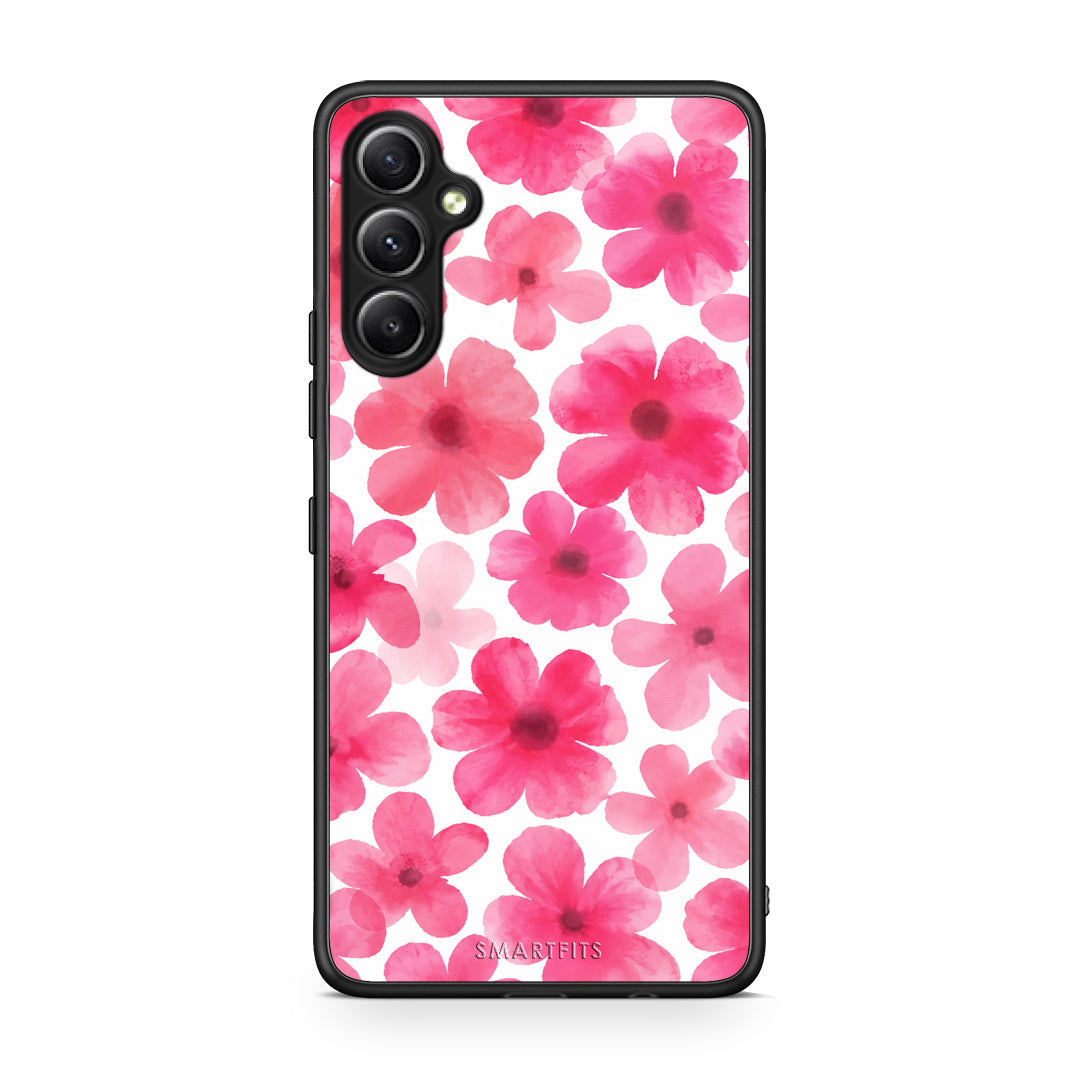 Θήκη Samsung Galaxy A34 Pink Watercolour Flowers on White από τη Smartfits με σχέδιο στο πίσω μέρος και μαύρο περίβλημα | Samsung Galaxy A34 Pink Watercolour Flowers on White case with colorful back and black bezels