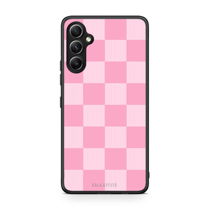 Θήκη Samsung Galaxy A34 Pink and White Striped Checks από τη Smartfits με σχέδιο στο πίσω μέρος και μαύρο περίβλημα | Samsung Galaxy A34 Pink and White Striped Checks case with colorful back and black bezels