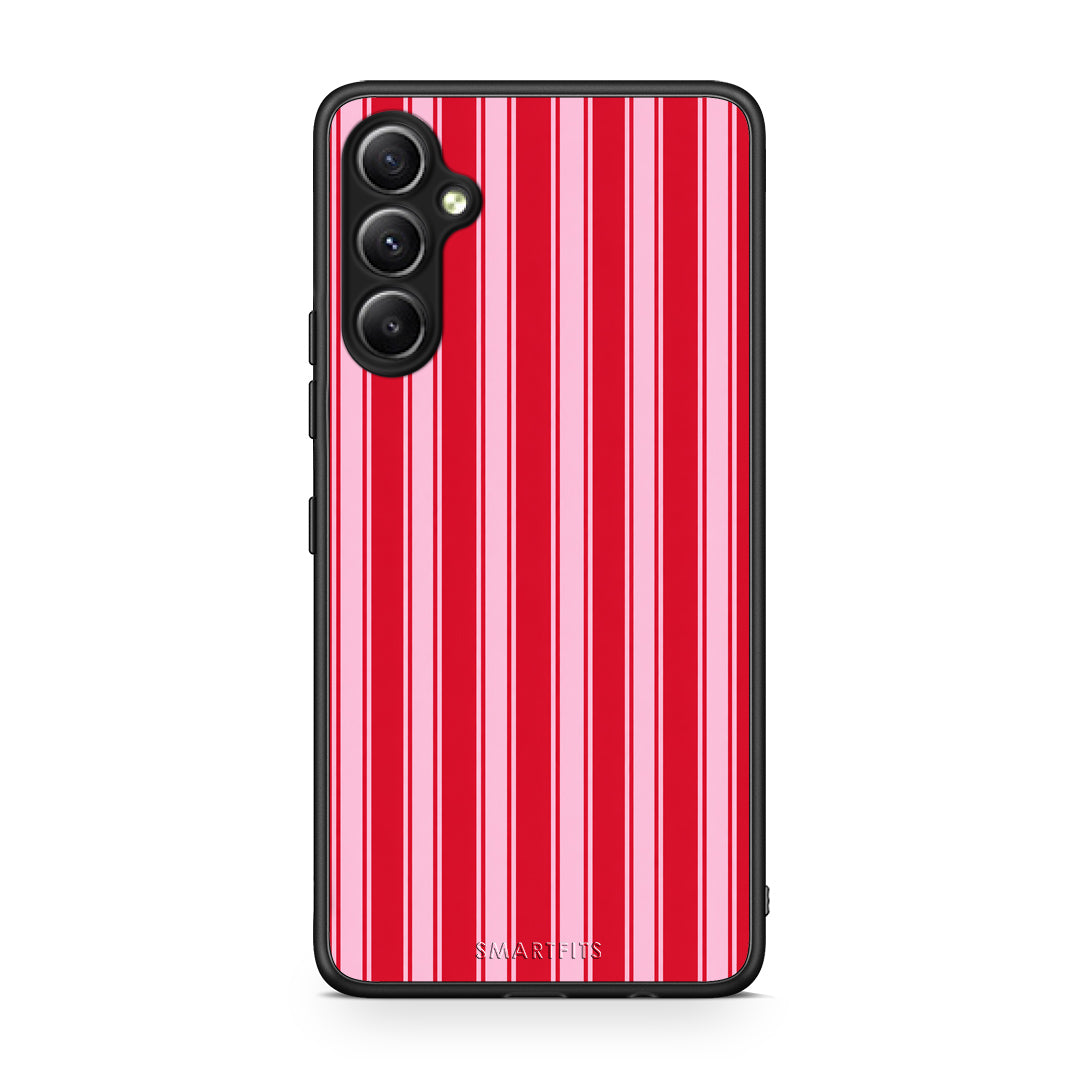 Θήκη Samsung Galaxy A34 Red and Pink Vertical Pinstripes από τη Smartfits με σχέδιο στο πίσω μέρος και μαύρο περίβλημα | Samsung Galaxy A34 Red and Pink Vertical Pinstripes case with colorful back and black bezels
