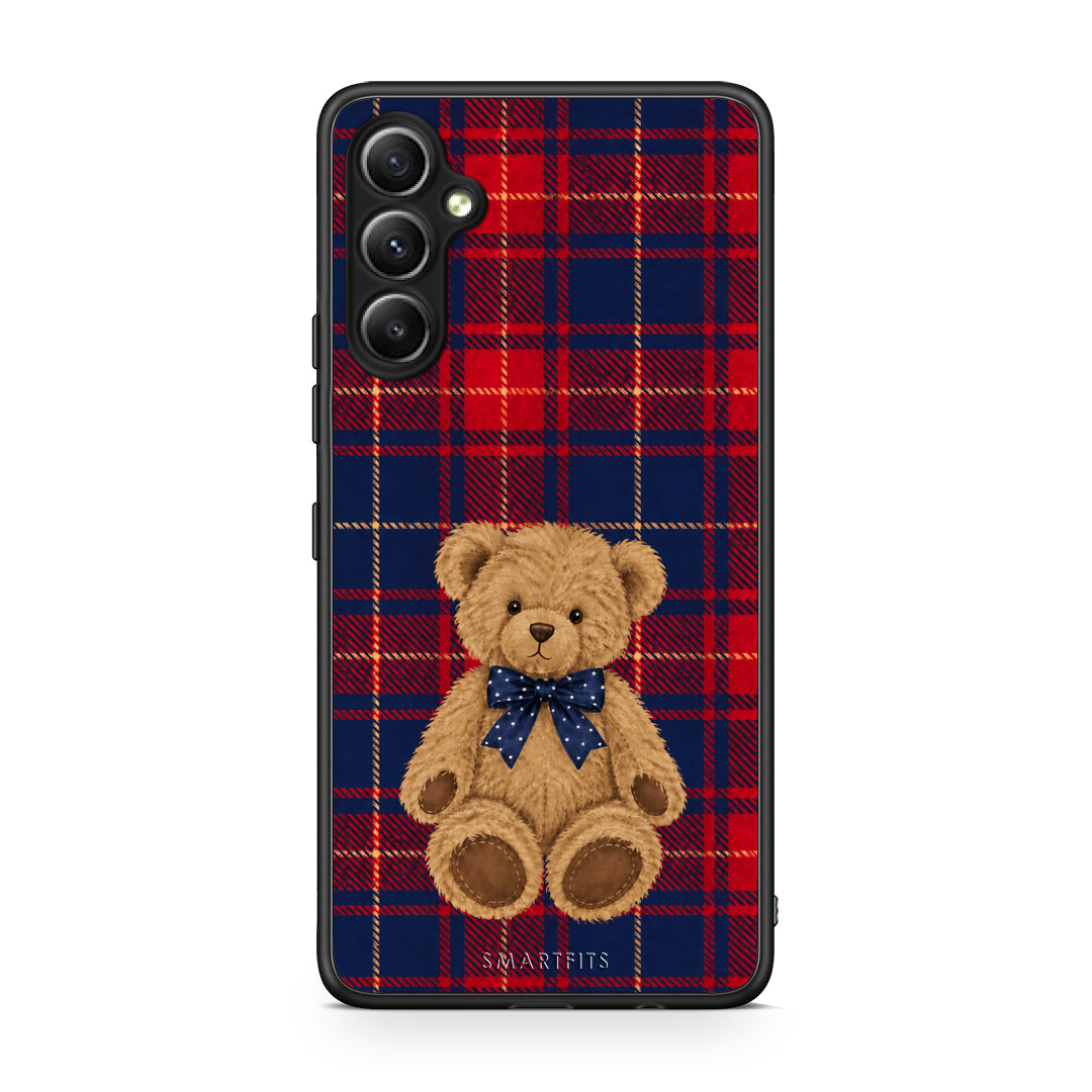 Θήκη Samsung Galaxy A34 Teddy Bear on Red and Navy Tartan από τη Smartfits με σχέδιο στο πίσω μέρος και μαύρο περίβλημα | Samsung Galaxy A34 Teddy Bear on Red and Navy Tartan case with colorful back and black bezels