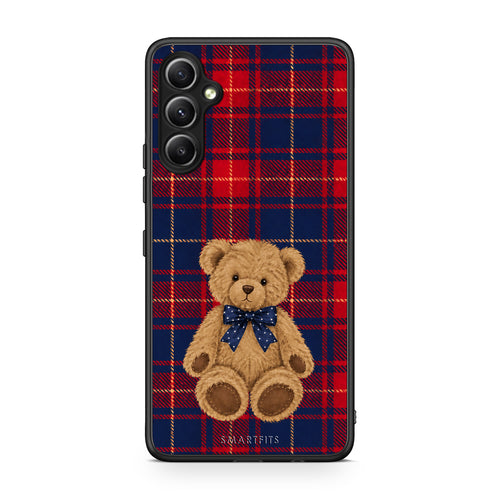Θήκη Samsung Galaxy A34 Teddy Bear on Red and Navy Tartan από τη Smartfits με σχέδιο στο πίσω μέρος και μαύρο περίβλημα | Samsung Galaxy A34 Teddy Bear on Red and Navy Tartan case with colorful back and black bezels