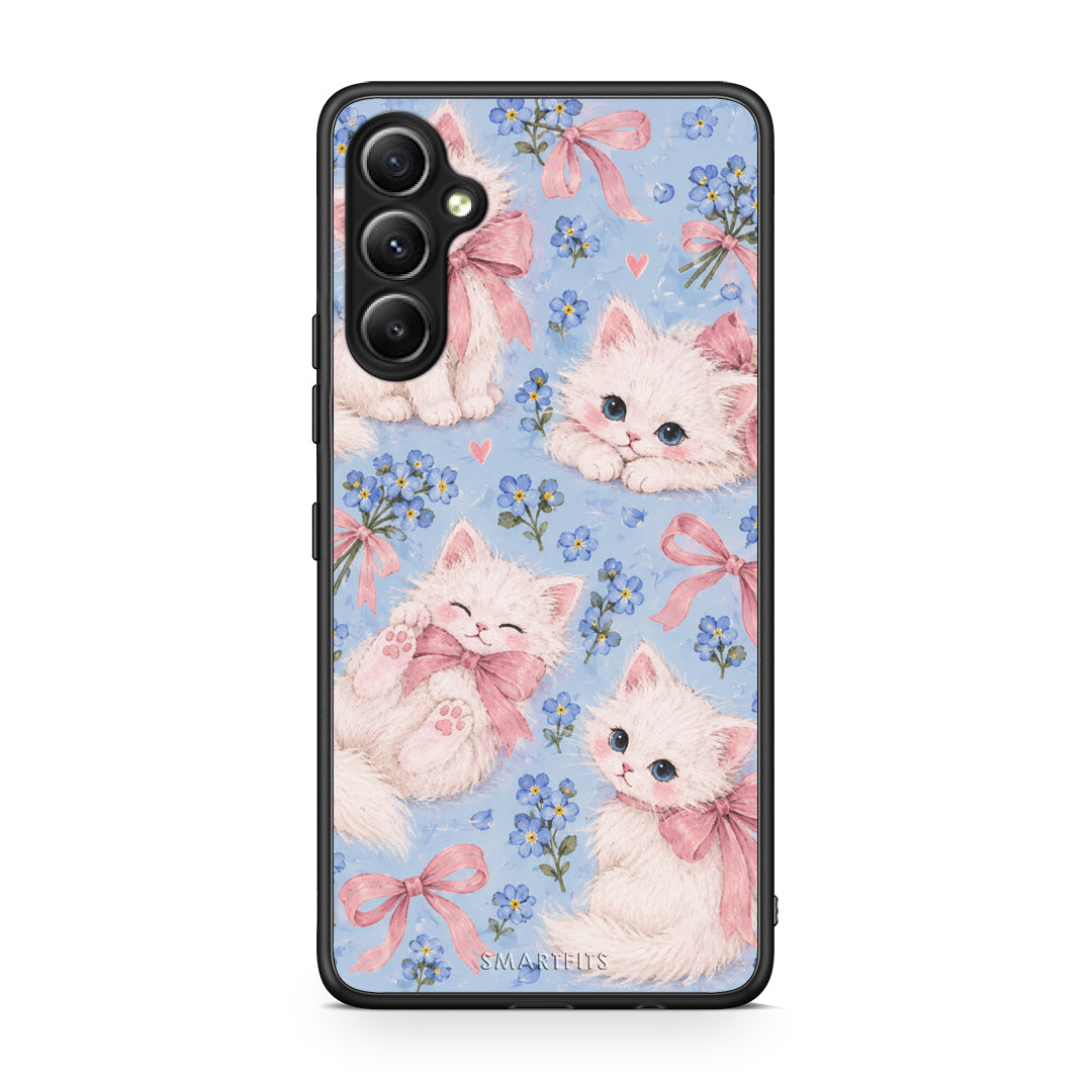 Θήκη Samsung Galaxy A34 White Kittens and Blue Flowers Large από τη Smartfits με σχέδιο στο πίσω μέρος και μαύρο περίβλημα | Samsung Galaxy A34 White Kittens and Blue Flowers Large case with colorful back and black bezels