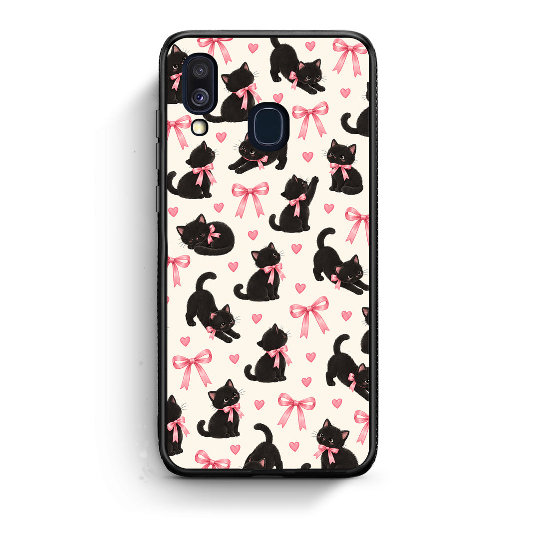 Θήκη Samsung Galaxy A40 Black Kittens and Pink Bows on Cream Small από τη Smartfits με σχέδιο στο πίσω μέρος και μαύρο περίβλημα | Samsung Galaxy A40 Black Kittens and Pink Bows on Cream Small case with colorful back and black bezels