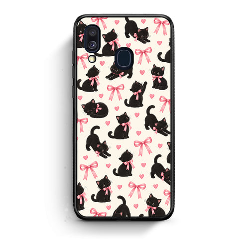 Θήκη Samsung Galaxy A40 Black Kittens and Pink Bows on Cream Small από τη Smartfits με σχέδιο στο πίσω μέρος και μαύρο περίβλημα | Samsung Galaxy A40 Black Kittens and Pink Bows on Cream Small case with colorful back and black bezels