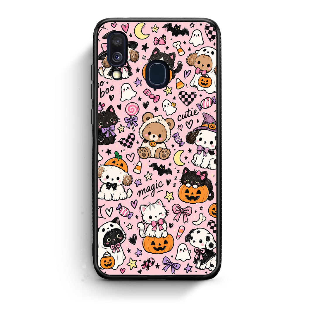 Θήκη Samsung Galaxy A40 Halloween Cute Animals on Pink από τη Smartfits με σχέδιο στο πίσω μέρος και μαύρο περίβλημα | Samsung Galaxy A40 Halloween Cute Animals on Pink case with colorful back and black bezels