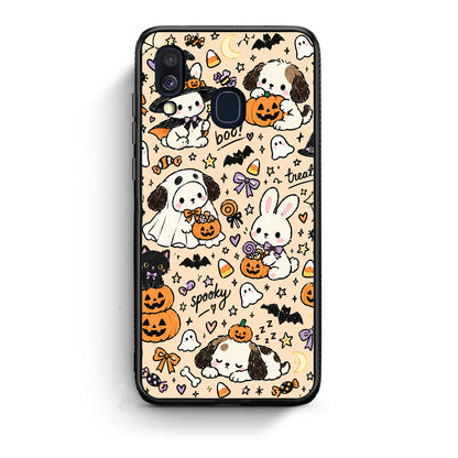 Θήκη Samsung Galaxy A40 Halloween Puppies and Friends on Cream από τη Smartfits με σχέδιο στο πίσω μέρος και μαύρο περίβλημα | Samsung Galaxy A40 Halloween Puppies and Friends on Cream case with colorful back and black bezels