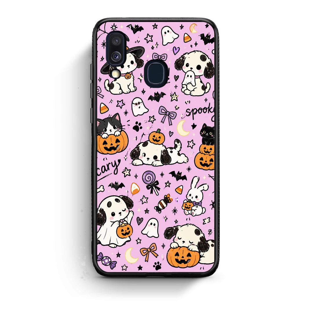 Θήκη Samsung Galaxy A40 Halloween Puppies and Friends on Lilac από τη Smartfits με σχέδιο στο πίσω μέρος και μαύρο περίβλημα | Samsung Galaxy A40 Halloween Puppies and Friends on Lilac case with colorful back and black bezels