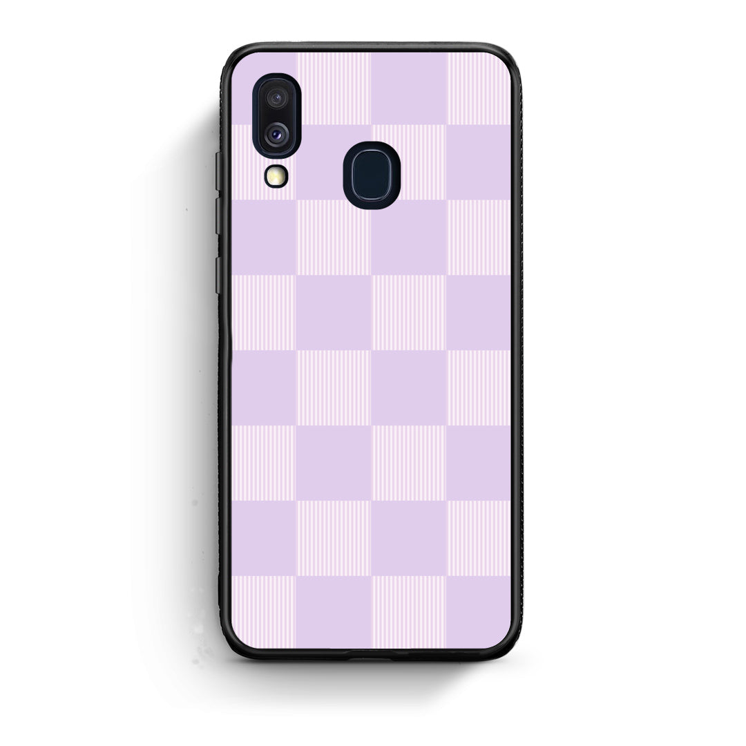 Θήκη Samsung Galaxy A40 Lilac and Cream Striped Checks από τη Smartfits με σχέδιο στο πίσω μέρος και μαύρο περίβλημα | Samsung Galaxy A40 Lilac and Cream Striped Checks case with colorful back and black bezels
