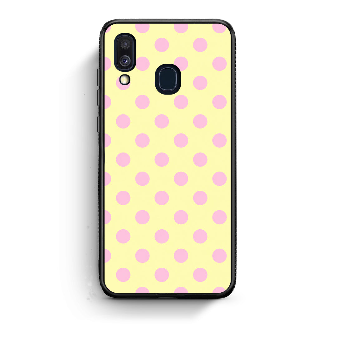 Θήκη Samsung Galaxy A40 Pink Polka Dots on Yellow από τη Smartfits με σχέδιο στο πίσω μέρος και μαύρο περίβλημα | Samsung Galaxy A40 Pink Polka Dots on Yellow case with colorful back and black bezels
