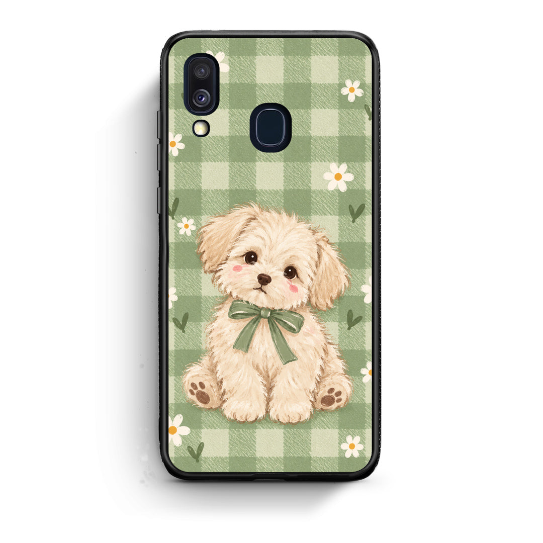 Θήκη Samsung Galaxy A40 Puppy and Daisies on Sage Gingham από τη Smartfits με σχέδιο στο πίσω μέρος και μαύρο περίβλημα | Samsung Galaxy A40 Puppy and Daisies on Sage Gingham case with colorful back and black bezels