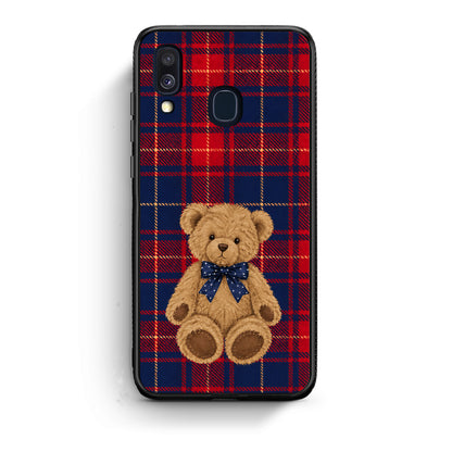 Θήκη Samsung Galaxy A40 Teddy Bear on Red and Navy Tartan από τη Smartfits με σχέδιο στο πίσω μέρος και μαύρο περίβλημα | Samsung Galaxy A40 Teddy Bear on Red and Navy Tartan case with colorful back and black bezels