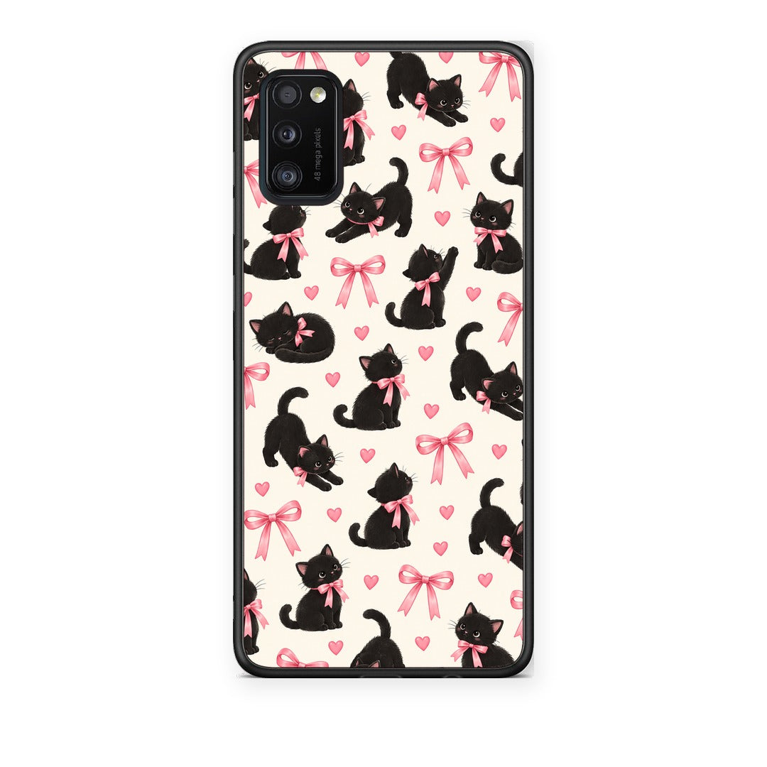 Θήκη Samsung Galaxy A41 Black Kittens and Pink Bows on Cream Small από τη Smartfits με σχέδιο στο πίσω μέρος και μαύρο περίβλημα | Samsung Galaxy A41 Black Kittens and Pink Bows on Cream Small case with colorful back and black bezels