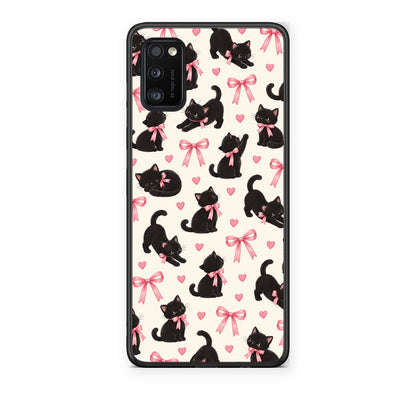 Θήκη Samsung Galaxy A41 Black Kittens and Pink Bows on Cream Small από τη Smartfits με σχέδιο στο πίσω μέρος και μαύρο περίβλημα | Samsung Galaxy A41 Black Kittens and Pink Bows on Cream Small case with colorful back and black bezels
