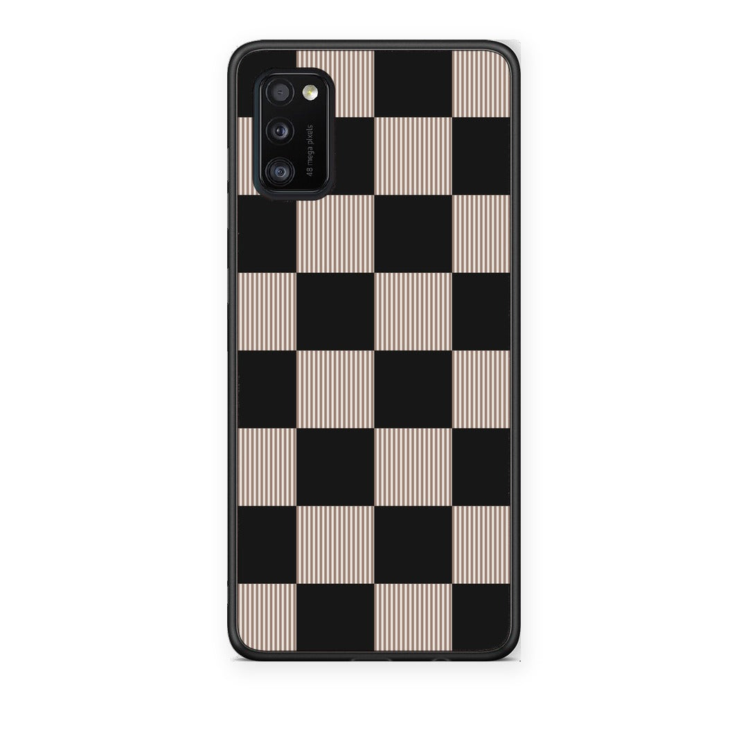 Θήκη Samsung Galaxy A41 Black and Taupe Striped Checks από τη Smartfits με σχέδιο στο πίσω μέρος και μαύρο περίβλημα | Samsung Galaxy A41 Black and Taupe Striped Checks case with colorful back and black bezels